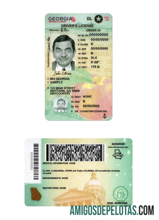 Carta de condução dos EUA na Geórgia com menos de 21 anos exemplo real